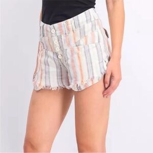 Free People Striped Morning Rain Fringed Linen Blend Shorts